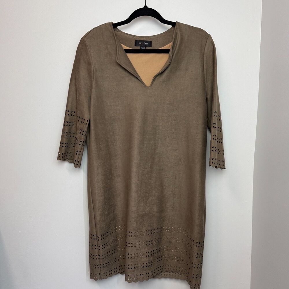 Karen Kane Brown Faux Suede Shift Dress Size Medium Eyelet Laser Cut Shirt Dress